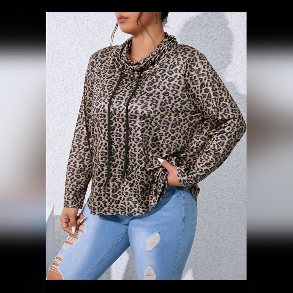 Leopard Print Drawstring Cowl Neck Tee